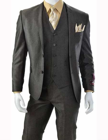  Men's 5 Button Brown 3 Piece Slim Fit Notch Lapel Single Breasted Vested Suit