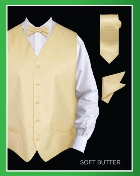 4 Piece Vest Set (Bow Tie, Neck Tie, Hanky) - Chessboard Checkered Soft Butter 