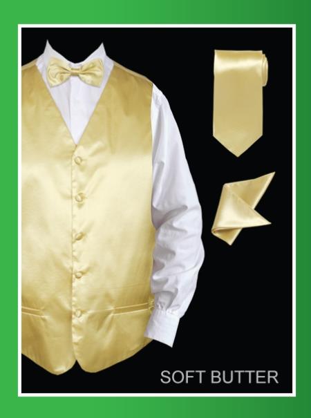 4 Piece Vest Set (Bow Tie, Neck Tie, Hanky) - Satin Soft Butter 