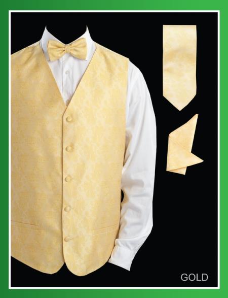 4 Piece Vest Set (Bow Tie, Neck Tie, Hanky) - Paisley Jacquard Gold 