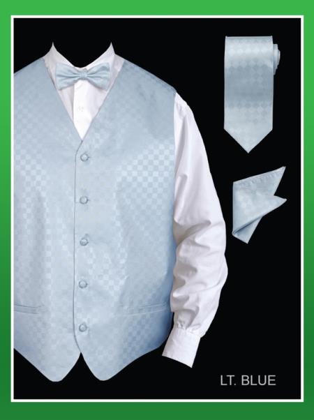 4 Piece Vest Set (Bow Tie, Neck Tie, Hanky) - Chessboard Checkered Light Blue 