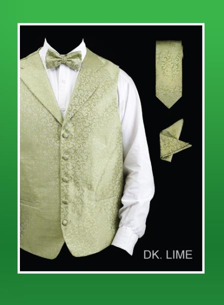 4 Piece Vest Set (Bow Tie, Neck Tie, Hanky) - Lapelled Vest Dark lime mint 
