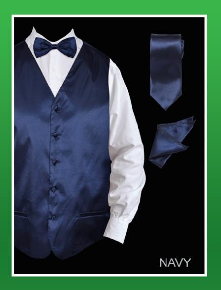 4 Piece Vest Set (Bow Tie, Neck Tie, Hanky) - Satin Navy 