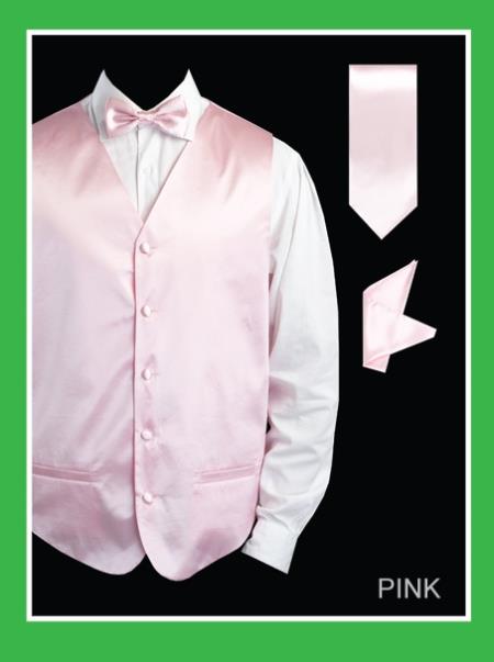 4 Piece Vest Set (Bow Tie, Neck Tie, Hanky) - Satin Pink 