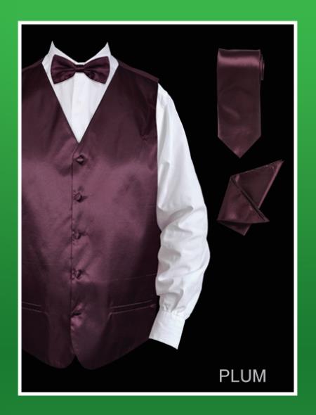 4 Piece Vest Set (Bow Tie, Neck Tie, Hanky) - Satin Very Dark Purple color shade 