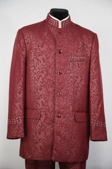  men's Mandarin Collar Rhinestone Red Flap Two Pocket Zoot Suit