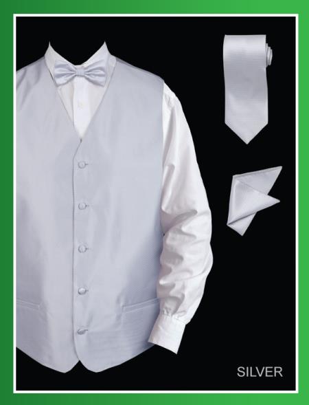 4 Piece Vest Set (Bow Tie, Neck Tie, Hanky) - Twill patterned Silver 
