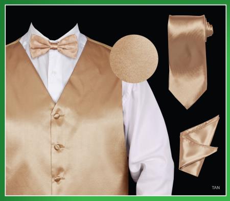 4 Piece Vest Set (Bow Tie, Neck Tie, Hanky) - Satin Tan khaki Color ~ Beige 