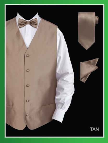 4 Piece Vest Set (Bow Tie, Neck Tie, Hanky) - Twill patterned Tan khaki Color ~ Beige 