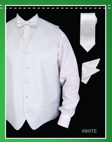 4 Piece Vest Set (Bow Tie, Neck Tie, Hanky) - Chessboard Checkered White 