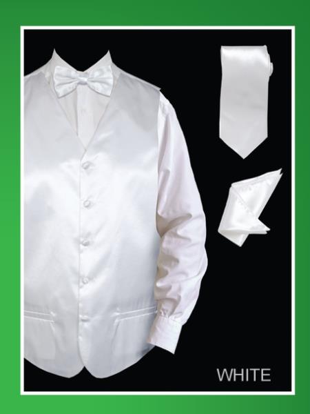 4 Piece Vest Set (Bow Tie, Neck Tie, Hanky) - Satin White 