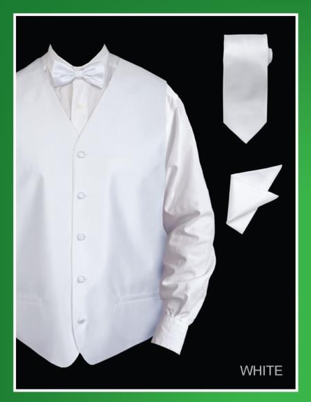 4 Piece Vest Set (Bow Tie, Neck Tie, Hanky) - Twill patterned White 