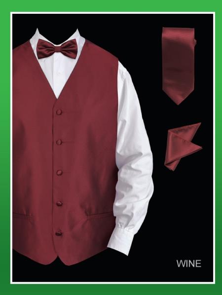 4 Piece Vest Set (Bow Tie, Neck Tie, Hanky) - Twill patterned Wine 