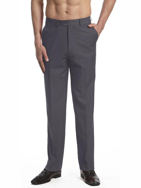  Men's Dress Pants Trousers Flat Front Slacks Solid Charcoal Gray