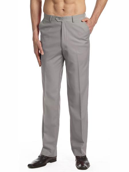  Men's Dress Pants Trousers Flat Front Slacks Solid Silver Grey