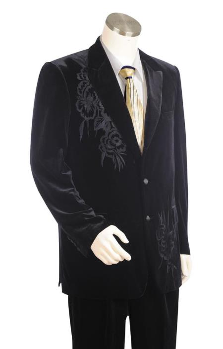  men's Floral Embroidered Velvet Black Plain Peak Lapel Zoot Suit