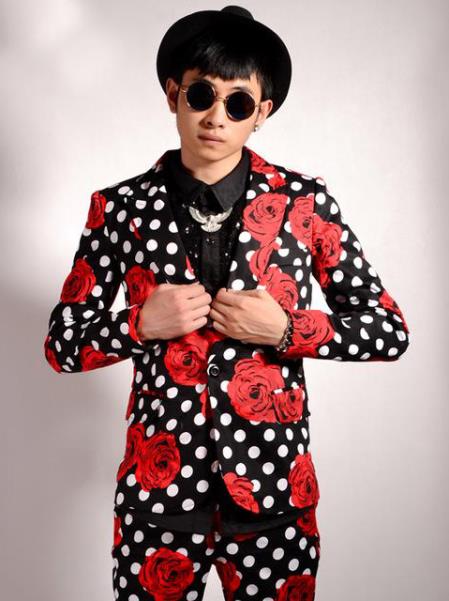  Men's Flower/Polka Dot Pattern Black and Red Peak Lapel Party Slim Blazer