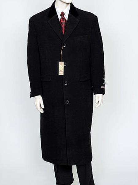  Men's 4 Button Black Velvet Notch Collar Wool/Cashmere Overcoat