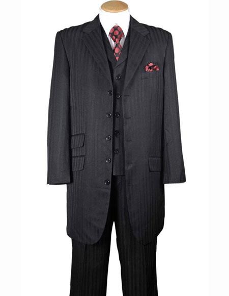  Men's 4 Buttons Black Notch Lapel Tonal Striped 3 Piece Vested Zoot 1940s men's Suits Style