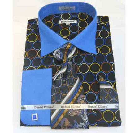  Men's Bold Black Blue Circle Multi Pattern Cotton French Cuff Dress Shirt