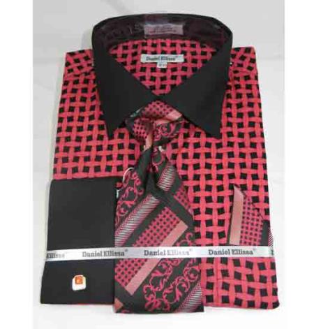  Men's Black Coral Cotton French Cuff Bold Large Basket Weave Pattern Dress Shirt Melon ~ Peachish Pinkish Color