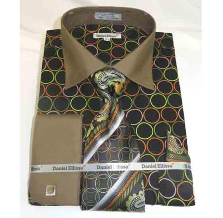  Men's Black Taupe Cotton French Cuff Bold Circle Multi Pattern Dress Shirt