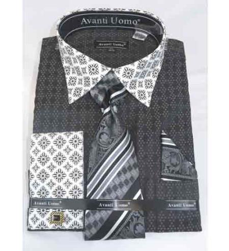  Men's Black Bird Pattern French Cuff With Contrasting Collar Dress Shirt