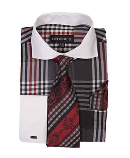  Men's Black Two Toned Contrast Plaid Long Sleeve White Collar Window Pane Pattern Tie Set French Cuffed Dress Shirt