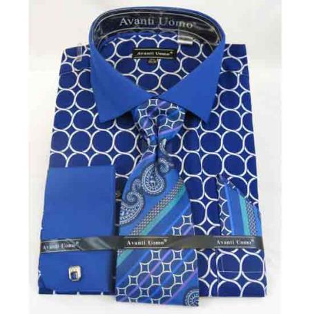  Men's Blue French Cuff With Collar Interlocking Ring Cotton Dress Shirt
