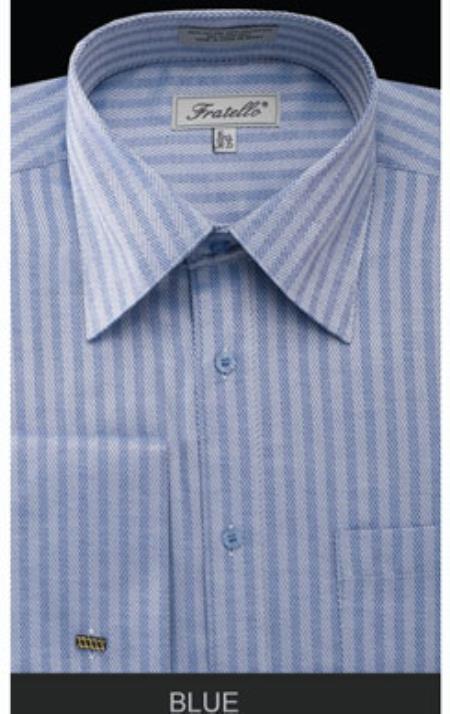 Fratello French Cuff Blue Dress Shirt - Herringbone Tweed Stripe Big and Tall Sizes 