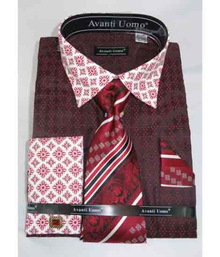  Men's Red Burgundy Bird Pattern French Cuff With Contrasting Collar Dress Shirt