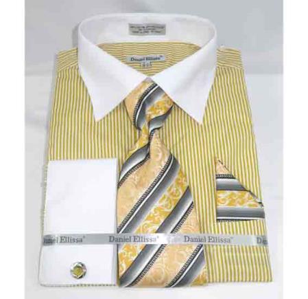  Men's Mustard Bold Pinstripe Pattern French Cuff With Collar Dress Shirt