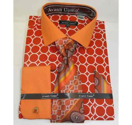  Men's Orange Interlocking Ring Pattern French Cuff Cotton Dress Shirt