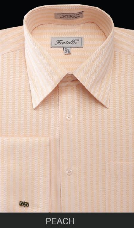 French Cuff Dress Shirt - Herringbone Tweed Stripe Peach 