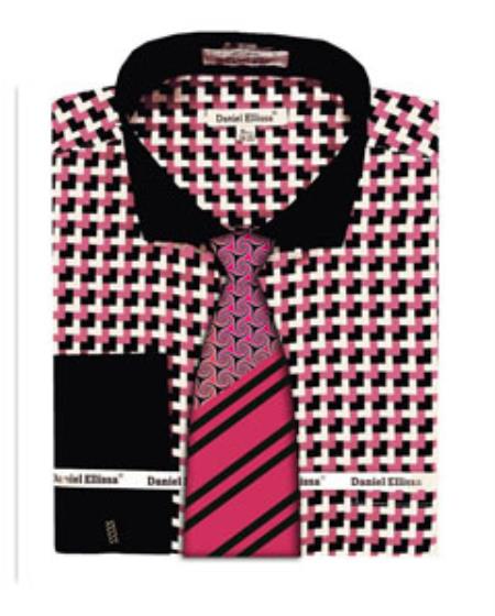 Men's Pink Corner Pattern French Cuff Dress Shirt Tie Set
