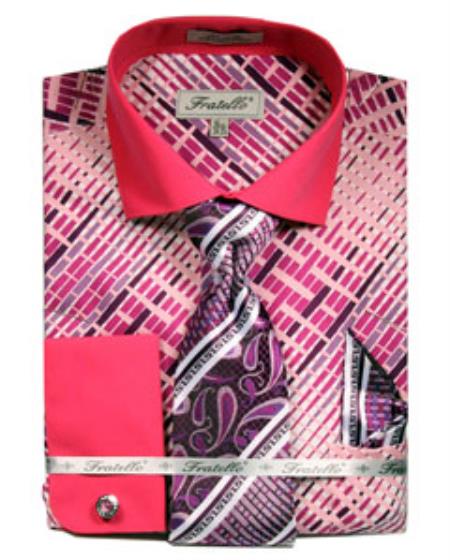  Men's French Cuff Dress Fuchsia Pattern Shirts Tie Pink Color Set 