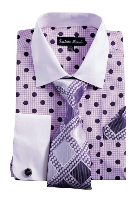 5pc Men's Polka Dot Dress Shirt w/ French Cuff Links,Tie & Hanky ~ Free Shipping 