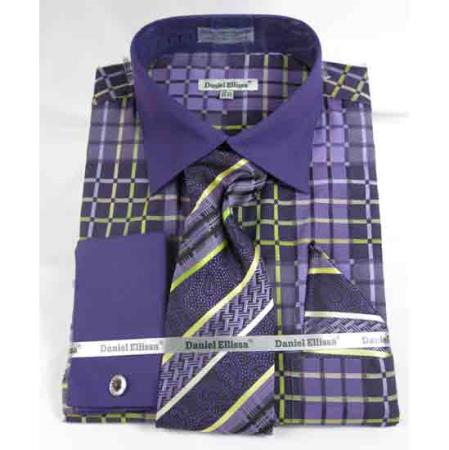  Men's French Cuff With Collar Bold Window Pane Pattern Purple Dress Shirt