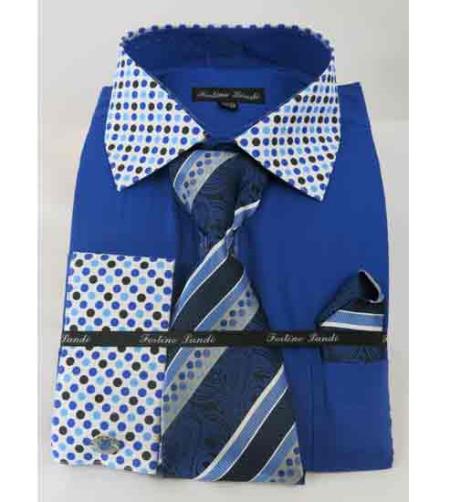  Men's Royal Blue French Cuff Solid Body With Poka-a-dot Collar Dress Shirt