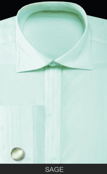Light Green Dress Shirt French Cuff Dress Shirt with Cuff Links - Solid Pleated Slacks Collar Mint ~ Sage 