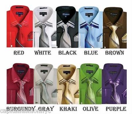 French Cuff Dress Shirt Matching Tie Handkerchief Set Multi-Color 