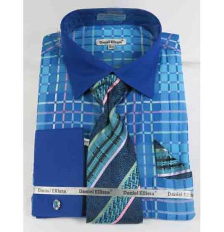 Mens Turquoise Dress Shirt Mens Turquoise Blue French Cuff With Collar Bold Window Pane Pattern Dress Shirt