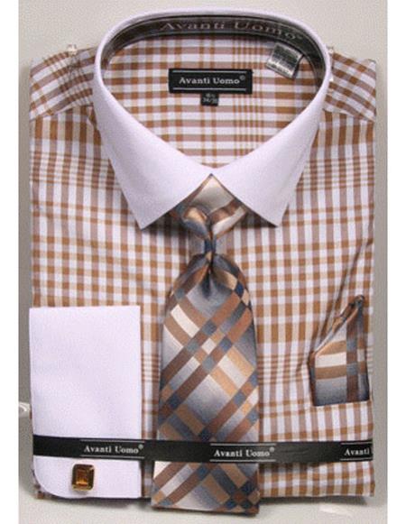  men's white Collared French Cuffed Beige Dress Shirt with Tie/Hanky/Cufflink Set