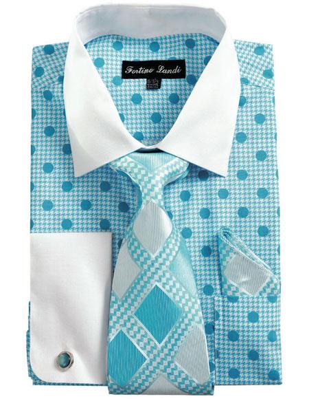  men's White Collared French Cuffed Blue Dress Shirt & Tie Set