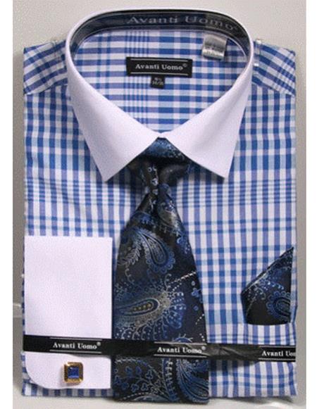  men's white Collared French Cuffed Blue Dress Shirt with Tie/Hanky/Cufflink Set