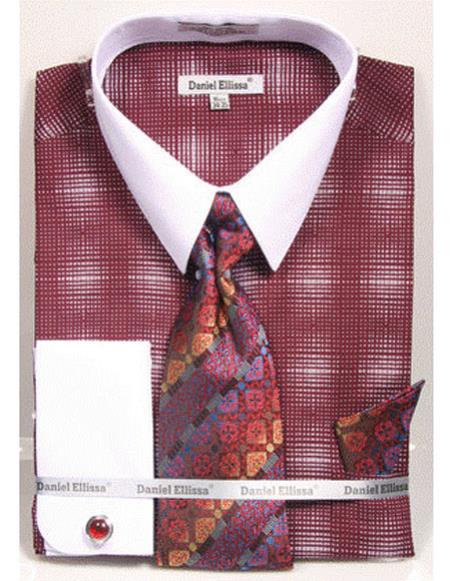  men's white Collared French Cuffed Burgundy woven design Dress Shirt with Tie/Hanky/Cufflink Set