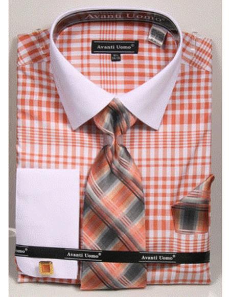  men's white Collared French Cuffed Coral Dress Shirt with Tie/Hanky/Cufflink Set