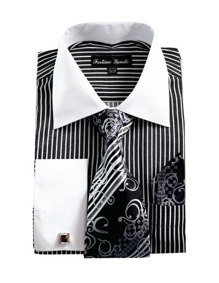  men's White Collared French Cuffed Dress Black Shirt & Tie Set