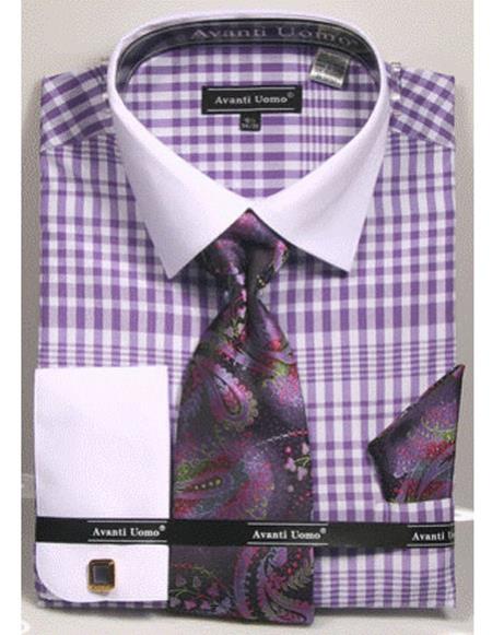  men's white Collared French Cuffed Lavender Dress Shirt with Tie/Hanky/Cufflink Set