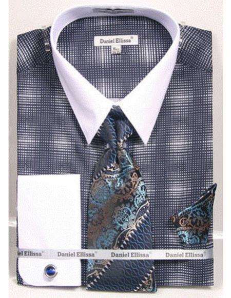  men's white Collared French Cuffed navy woven design Dress Shirt with Tie/Hanky/Cufflink 